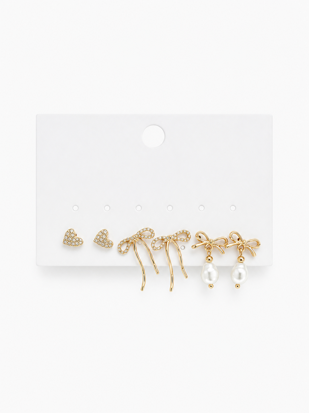 Gold Bow, pearl, and heart stud earring set