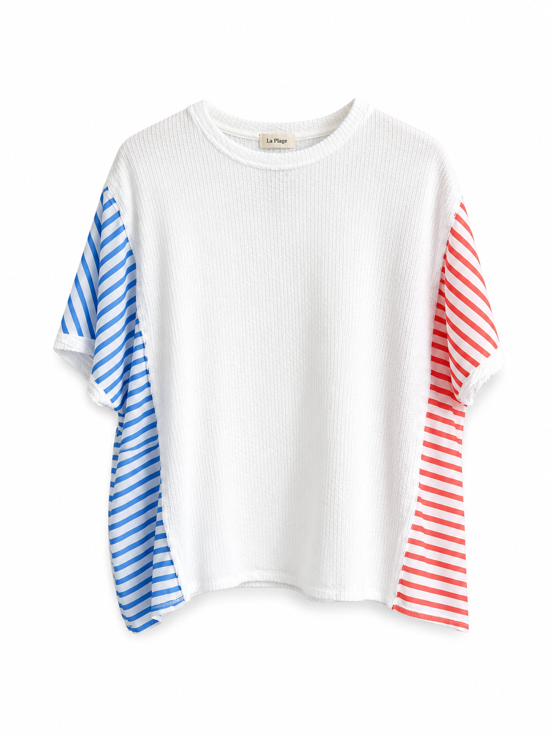 White Ribbed top with striped contrast sleeves