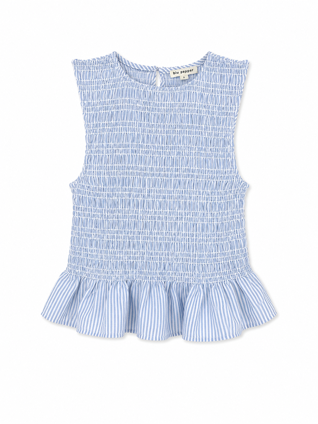 Light blue striped sleeveless smocked blouse