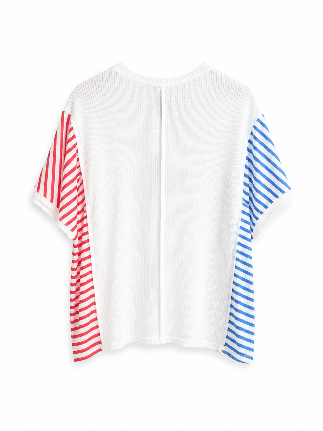 White Ribbed top with striped contrast sleeves